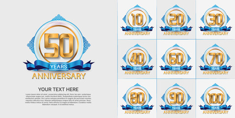 set of anniversary with golden color and blue ribbon can be use for celebration moment