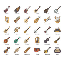 Set of string instruments thin line icons for any web and app project. - obrazy, fototapety, plakaty