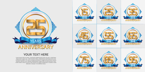 set of anniversary with golden color and blue ribbon can be use for celebration moment