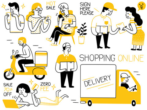 Cute character design, doodle style of people shopping online with delivery service concept. Outline, thin line art, hand drawn sketch design, simple style.
