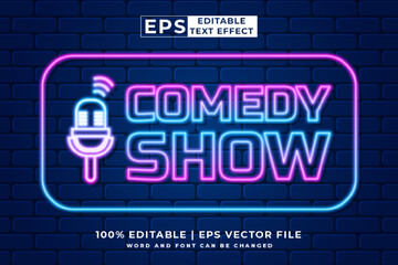 Editable text effect comedy show 3d neon style premium vector - obrazy, fototapety, plakaty