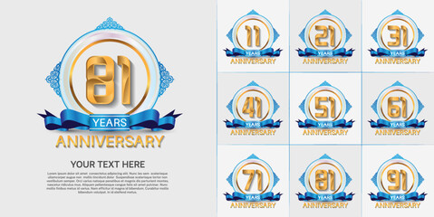set of anniversary with golden color and blue ribbon can be use for celebration moment