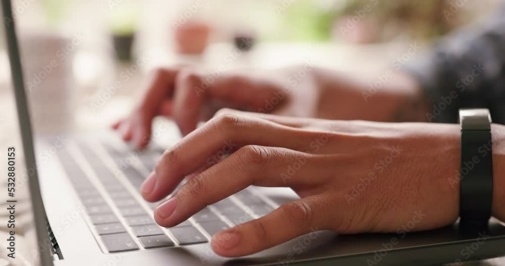 Aufkleber journalist student typing a report on a laptop from home and zoom in of the hands of a male freshman