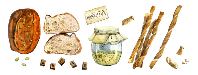 Clip art bread. Freshly baked bread painted in watercolor. Homemade cakes. Sourdough, pumpkin bread, bread sticks. For menu design, stickers, websites, etc.