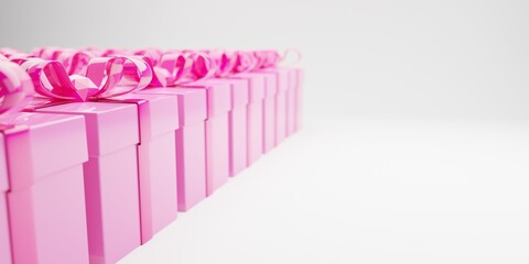 Merry Christmas and Happy New Year banner. Pink gifts with a bow.. 3D illustration. 3D render.