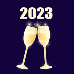 New Year Card 2023. Champagne  glass.
