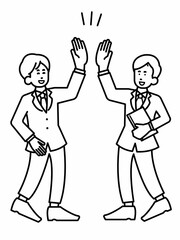 ハイタッチをするビジネスマンのイラスト　線画のみ