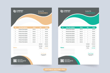 Minimalist payment agreement and price receipt design vector. Print-ready product purchase invoice and payment voucher template. Creative invoice template decoration with orange and blue color shade.