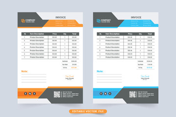 Print ready business invoice decoration with abstract shapes. Modern Invoice and voucher element design with orange and blue colors. Professional corporate invoice and cash receipt vector.