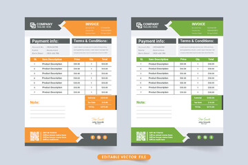 Payment agreement and invoice bill template vector with green and orange colors. Business invoice and product purchase voucher design with abstract shapes. Professional cash receipt decoration.