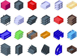Paper tray icons set isometric vector. Office rack. Storage file