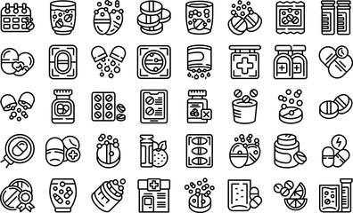 Effervescent tablets icons set outline vector. Water pill. Cup drug - obrazy, fototapety, plakaty
