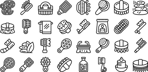 Body massage brush icons set outline vector. Spa bath. Wood brush