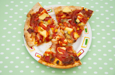 pieces of pizza on the plate ,