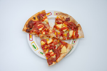pieces of pizza on the plate ,