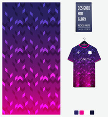 Soccer jersey pattern design. Geometric pattern on violet background for soccer kit, football kit, sports uniform. T shirt mockup template. Fabric pattern. Abstract background. 