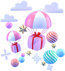 3d Rendering Christmas or new year elements background with decorative star, balls, snow and gift boxes. Colorful gifts for holidays. Modern design.  Isolated PNG illustration on transparent.