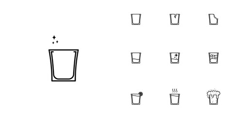 ten sets of shot glass line icons. with ice cube, lemon, hot water, cold water, soda and foam. simple, line, silhouette and clean style. black and white. suitable for symbols, signs, icons or logos