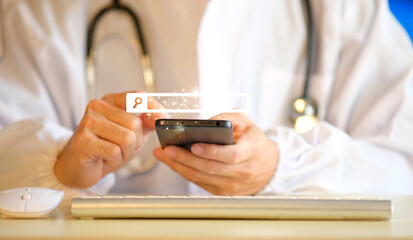 Hand doctor using smartpone for Internet Data Information Networking Concept Searching Browsing.