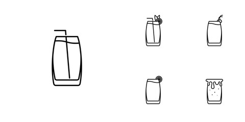 five sets of vibe cooler glass line icons. with a straw, lemon and cherry. simple, line, silhouette and clean style. black and white. suitable for symbols, signs, icons or logos