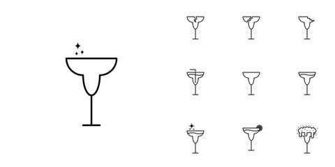 ten sets of wineglass or goblet glass line icons. with a straw, lemon, cold water, soda and foam. simple, line, silhouette and clean style. black and white. suitable for symbols, signs, icons or logos