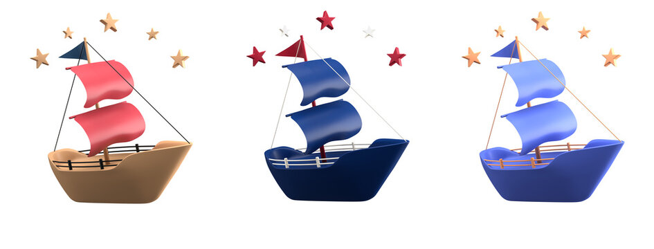 3d rendering of sailing boat, suitable to place on content of Happy Columbus Day, 3d icon set of Columbus Day with difference color