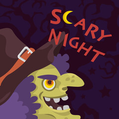 square card with an evil witch and the inscription scary halloween night vector