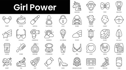 Set of outline girl power icons. Minimalist thin linear web icon set. vector illustration. - obrazy, fototapety, plakaty