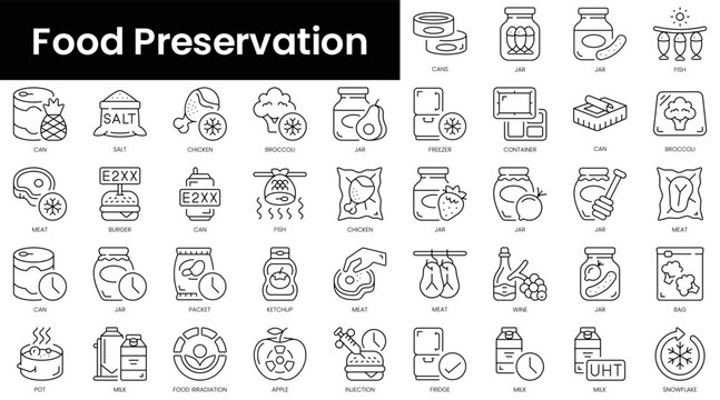 Set of outline food preservation icons. Minimalist thin linear web icon set. vector illustration.