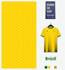 Soccer jersey pattern design. Brazil flag  pattern on yellow background for soccer kit, football kit, sports uniform. T shirt mockup template. Fabric pattern. Abstract background.  © tondruangwit