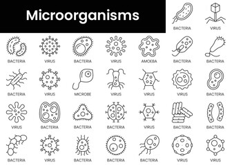 Set of outline microorganisms icons. Minimalist thin linear web icon set. vector illustration.