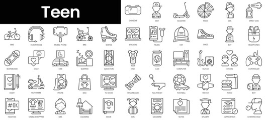 Set of outline teen icons. Minimalist thin linear web icon set. vector illustration.