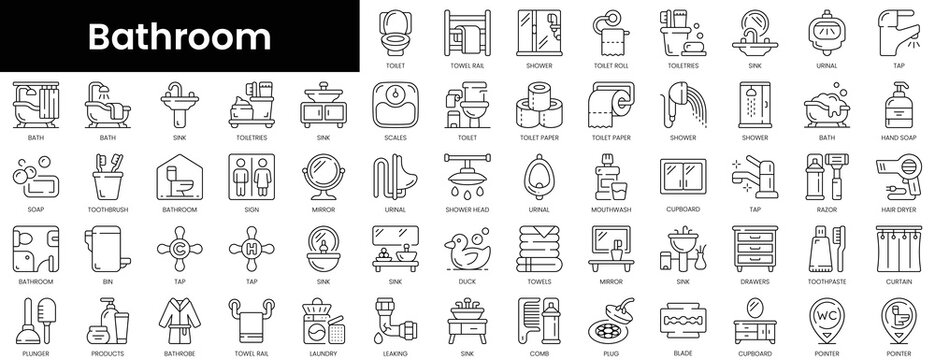 Set of outline bathroom icons. Minimalist thin linear web icon set. vector illustration.