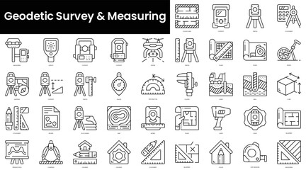 Set of outline geodetic survey and measuring icons. Minimalist thin linear web icon set. vector illustration. - obrazy, fototapety, plakaty