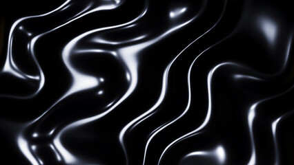 Black metal texture with waves, liquid dark metallic silk wavy pattern, 3D render illustration.