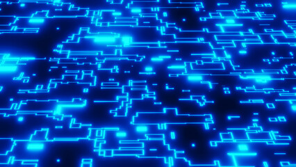 Abstract technology background, 3D neon glowing lines, printed circuit boards pattern. modern science 3d render illustration.