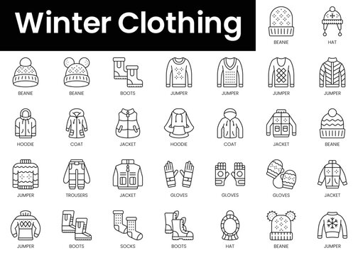 Set of outline winter clothing icons. Minimalist thin linear web icon set. vector illustration.