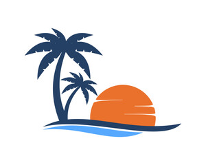 Palm tree with wave and sunset