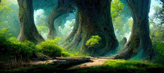 Lush green fairytale forest, majestic ancient oak trees - pristine enchanting woods. Secluded grove full of mystical magical energy. Beautiful fantasy watercolor stylized backdrop.  - obrazy, fototapety, plakaty