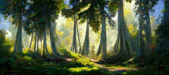 Fototapeta na wymiar Lush green fairytale forest, majestic ancient oak trees - pristine enchanting woods. Secluded grove full of mystical magical energy. Beautiful fantasy watercolor stylized backdrop. 