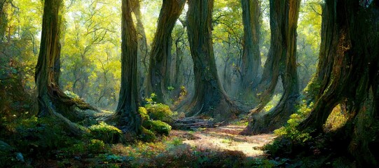 Lush green fairytale forest, majestic ancient oak trees - pristine enchanting woods. Secluded grove full of mystical magical energy. Beautiful fantasy watercolor stylized backdrop. 