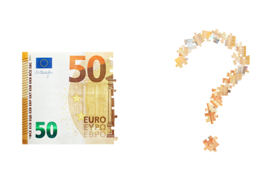 Puzzle made from fifty euro note and isolated on a white background. Inflation and hyper inflation in Europe. PNG file with transparent background
