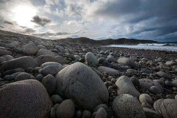 Arctic Ocean stone beach locate in Teriberka Village, Murmansk, Russia