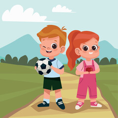 students kids with soccer balloon