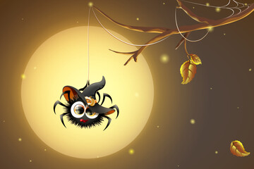 Cute cartoon fluffy little spider in witch hat  hanging on his spiderweb on the full moon back ground