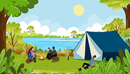 Family enjoying vacation camping by the river at lcountryside in Spring,Vector Summer camping with Group of People sitting near the tent,campfire having fun talking together