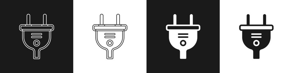 Obraz premium Set Electric plug icon isolated on black and white background. Concept of connection and disconnection of the electricity. Vector