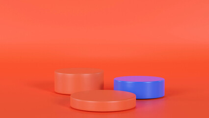 Podium for presenting red and blue products. red background 3d rendering