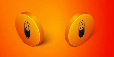 Isometric Salami sausage icon isolated on orange background. Meat delicatessen product. Orange circle button. Vector