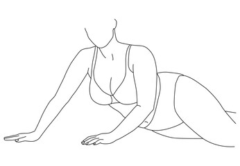 A happy big plump woman with a beautiful plus-size body. A plump beauty with a curvy figure. Modern obese and sexy people. Linear art.